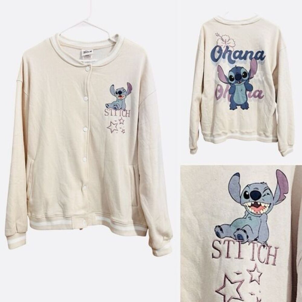 Disney Stitch Baseball Varsity Jacket Size XL Beige Cream Ohana Print